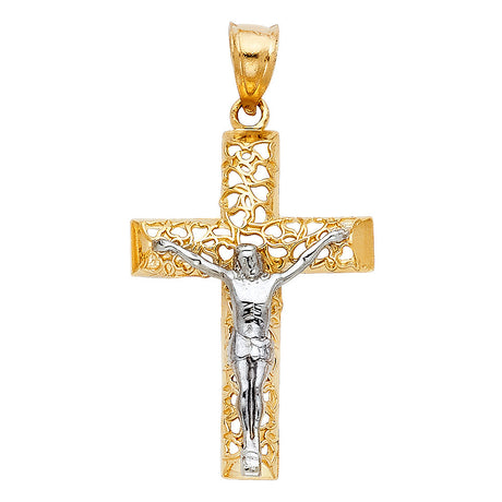 14K Two-Tone Gold Nugget Filigree Crucifix Pendant on white background - Italian Fashions