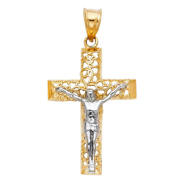 14K Two-Tone Gold Nugget Filigree Crucifix Pendant on white background - Italian Fashions