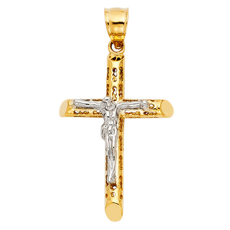 14K Two-Tone Gold Hammered Tube Crucifix Pendant on white background - Italian Fashions