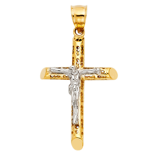 14K Two-Tone Gold Hammered Tube Crucifix Pendant on white background - Italian Fashions