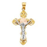 14K Tricolor Gold Sunburst INRI Crucifix Pendant, small — Italian Fashions