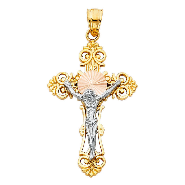 14K Tricolor Gold Sunburst INRI Crucifix Pendant, small — Italian Fashions