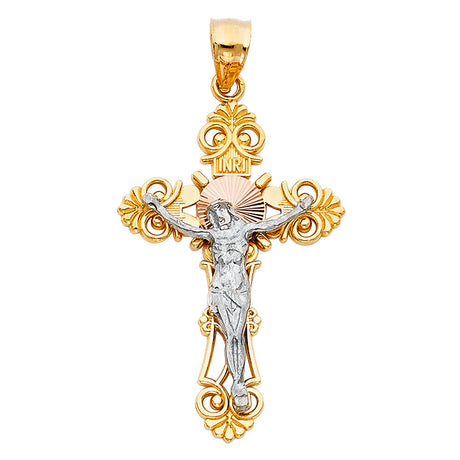 14K Tricolor Gold Sunburst INRI Crucifix Pendant, large — Italian Fashions