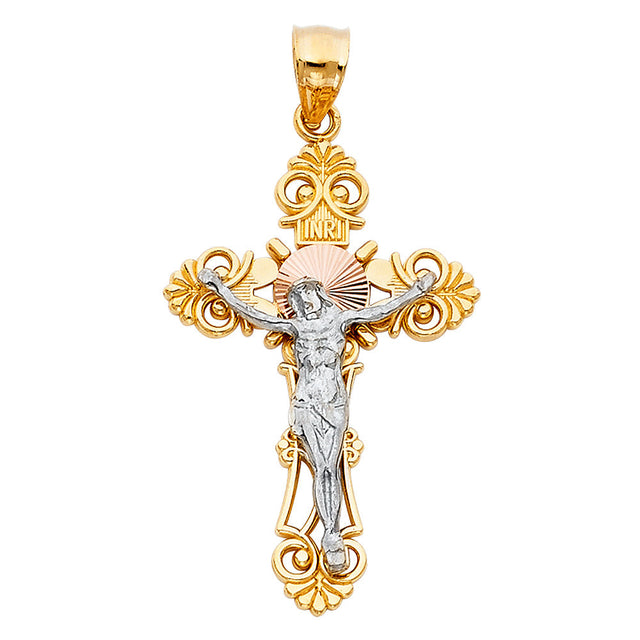 14K Tricolor Gold Sunburst INRI Crucifix Pendant, large — Italian Fashions