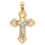14K Two-Tone Gold Budded Cutout Crucifix Pendant