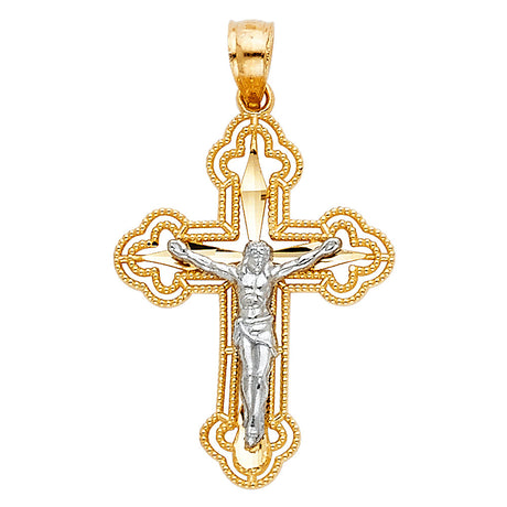14K Two-Tone Gold Budded Cutout Crucifix Pendant