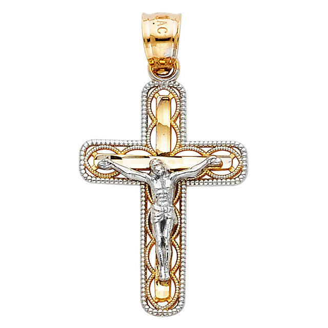 14K Two-Tone Gold Cutout Design Crucifix Pendant
