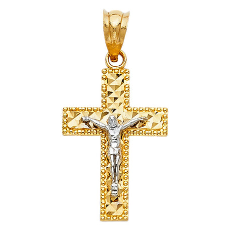 14K Two-Tone Gold Beaded Diamond-Cut Crucifix Pendant on white background - Italian Fashions