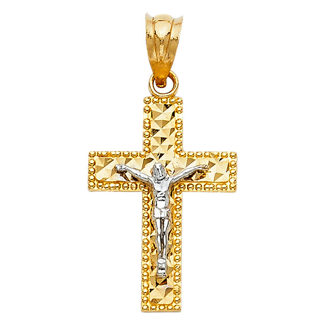 14K Two-Tone Gold Beaded Diamond-Cut Crucifix Pendant on white background - Italian Fashions