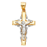 14K Two-Tone Gold Scroll Filigree Crucifix Pendant on white background - Italian Fashions