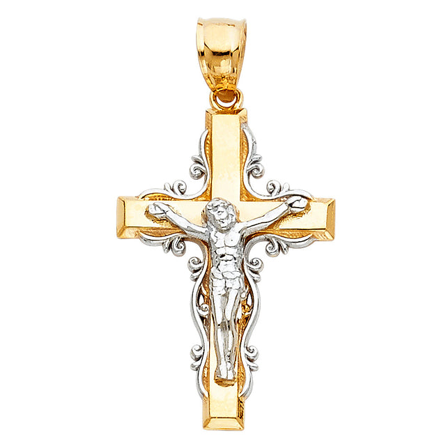 14K Two-Tone Gold Scroll Filigree Crucifix Pendant on white background - Italian Fashions