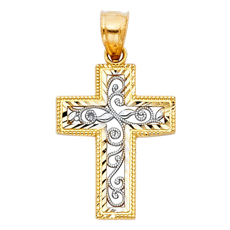 14K Two-Tone Gold Filigree Scroll Cross Pendant on white background - Italian Fashions