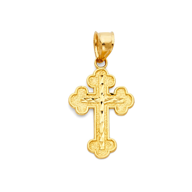 14K Yellow Gold Budded Diamond-Cut Cross Pendant