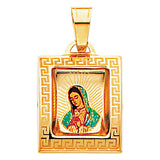 14K Yellow Gold Greek Key Virgen de Guadalupe Portrait Pendant