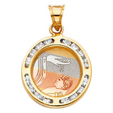 14K Tricolor Gold CZ Round Baptism Pendant