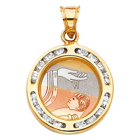14K Tricolor Gold CZ Round Baptism Pendant