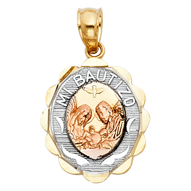 14K Tricolor Gold Mi Bautizo Oval Medal — Small