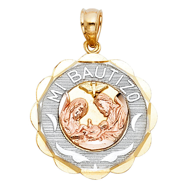 14K Tricolor Gold Large Mi Bautizo Round Pendant