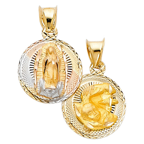 14K Tricolor Gold Guadalupe & Baptism Reversible Medal Pendant on white background - Italian Fashions