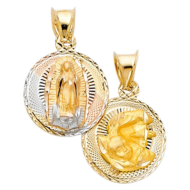 14K Tricolor Gold Guadalupe & Baptism Reversible Medal Pendant on white background - Italian Fashions