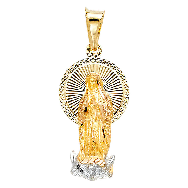 14K Two-Tone Gold Our Lady of Guadalupe Sunburst Medal Pendant on white background - Italian Fashions