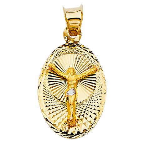 14K Two-Tone Gold Crucified Christ Oval Medal Pendant on white background - Italian Fashions