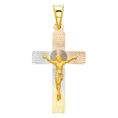 14K Tricolor Gold Radiant Crucifix Pendant