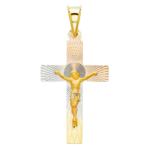 14K Tricolor Gold Radiant Crucifix Pendant