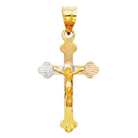14K Tricolor Gold Budded Crucifix Pendant