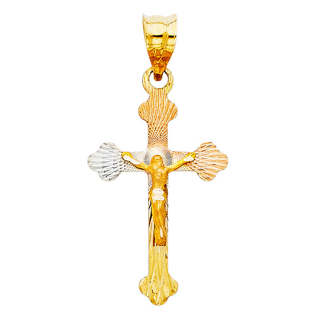 14K Tricolor Gold Budded Crucifix Pendant
