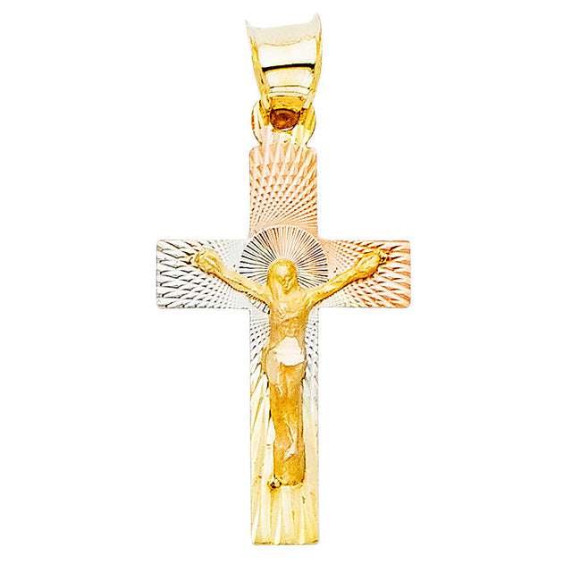 14K Tricolor Gold Radiant Crucifix Pendant