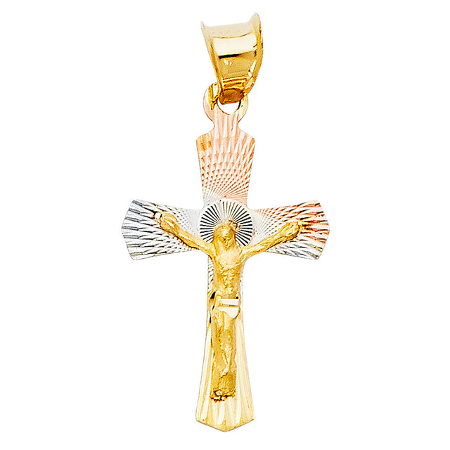 14K Tricolor Gold Flared Radiant Crucifix Pendant