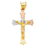 14K Tricolor Gold Flared Radiant Crucifix Pendant - Small