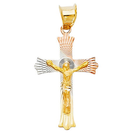 14K Tricolor Gold Flared Radiant Crucifix Pendant - Small