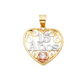 14K Tricolor Gold 15 Years Heart Pendant