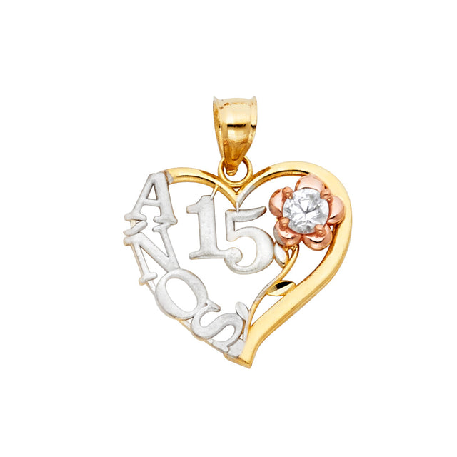 14K Tricolor Gold 15 Years Heart Pendant