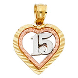 14K Tricolor Gold 15 Years Heart Pendant
