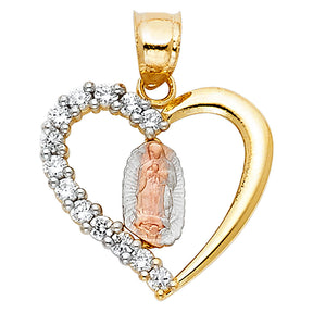 14K Tricolor Gold CZ Religious Heart Pendant