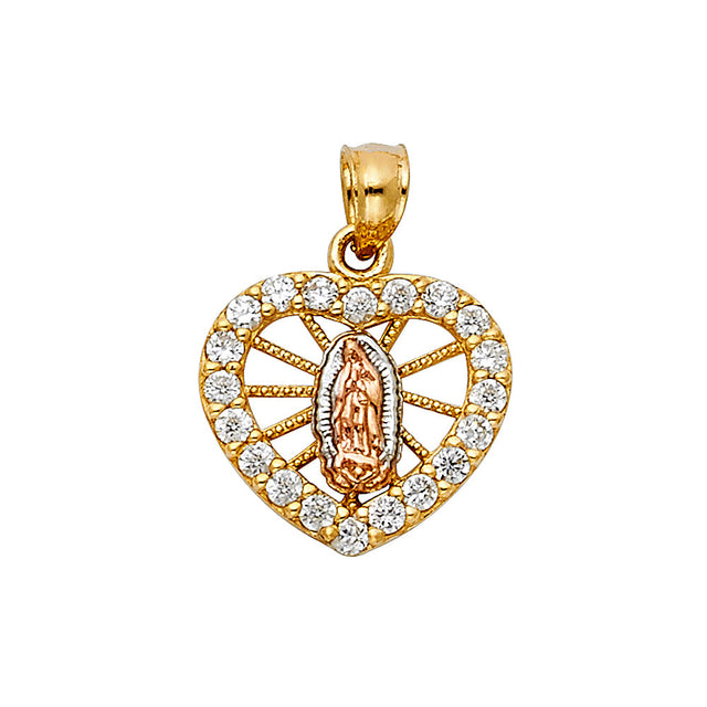 14K Tricolor Gold CZ Religious Heart Pendant