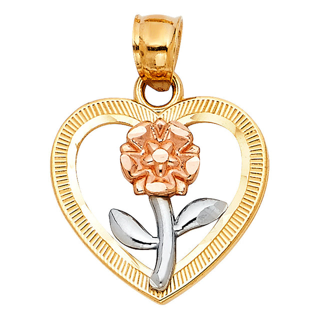 14K Tricolor Gold Rose in Heart Pendant