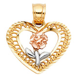14K Tricolor Gold Rose Filigree Heart Pendant
