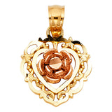 14K Tricolor Gold Rose Ornate Heart Pendant