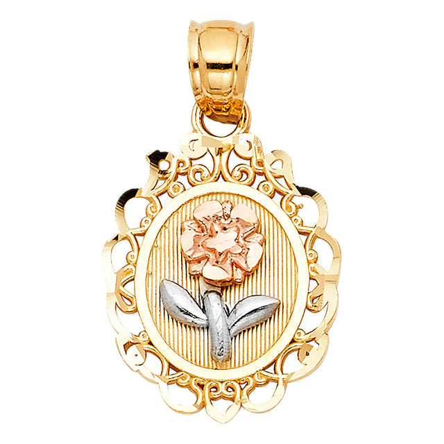 14K Tricolor Gold Rose Oval Pendant
