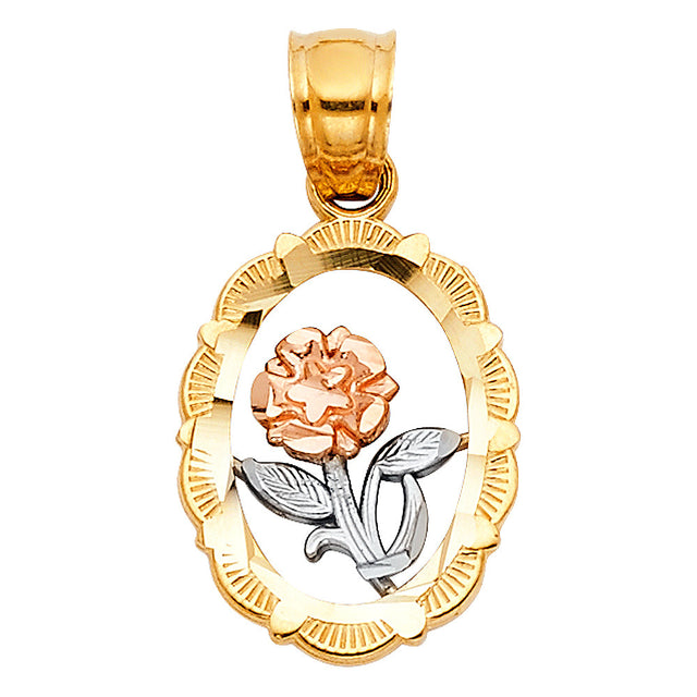 14K Tricolor Gold Rose Oval Frame Pendant