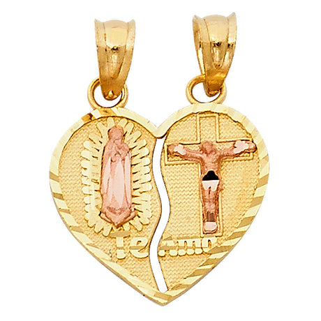 14K Two-Tone Gold ‘Te Amo’ Guadalupe & Crucifix Heart Pendant — Small — on white background — Italian Fashions