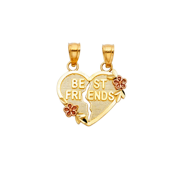 14K Two-Tone Gold Breakable "Best Friends" Floral Heart Pendant