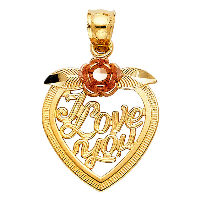 14K Two-Tone Gold "I Love You" Heart with Rose Pendant