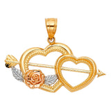 14K Tricolor Gold Double Heart with Arrow and Rose Pendant
