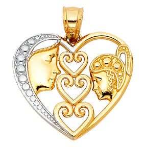 14K Two-Tone Gold Filigree Heart with Couple Profiles Pendant