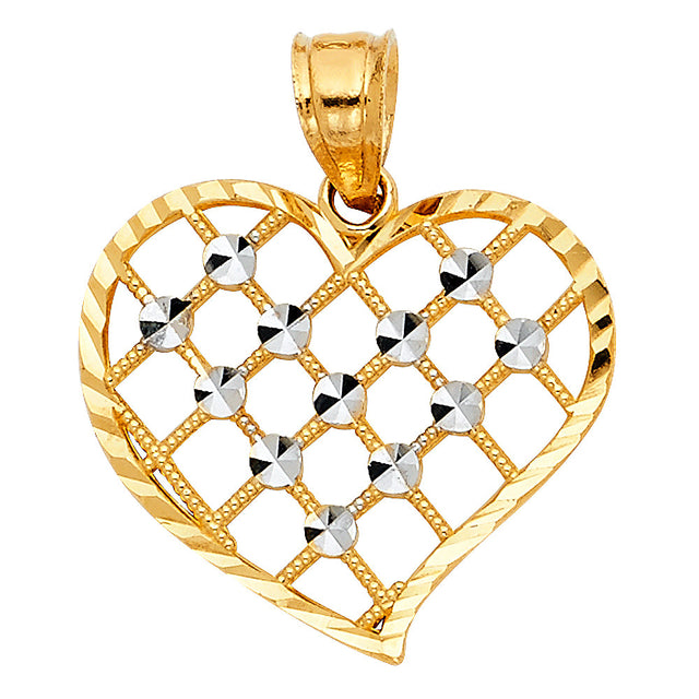14K Two-Tone Gold Diamond-Cut Lattice Puff Heart Pendant